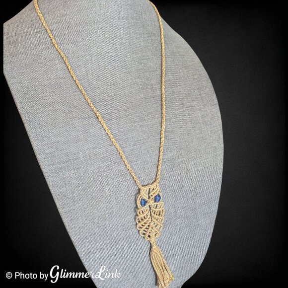 Macrame Crochet Owl Beaded Eyes Tassel Cord Necklace - Picture 2 of 11
